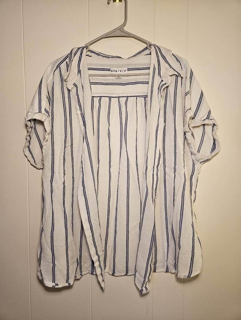 Ava & Viv 100% Cotton White Button-Down Shirt with Blue Stripes